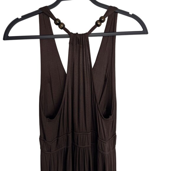 VTG‎ Y2K Boho F21 Brown Stretchy Maxi Dress Chunky Wood Beads Halter Neck Size L - Picture 5 of 7